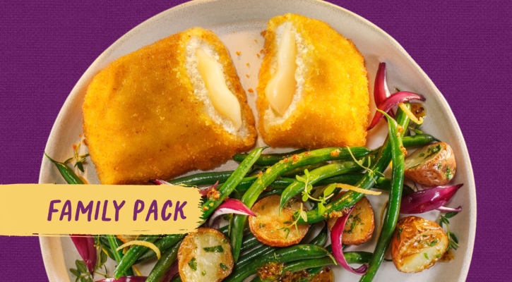 Gouda Schnitzel Family Pack met ovengebakken krieltjes en lauwwarme salade van sperzieboontjes