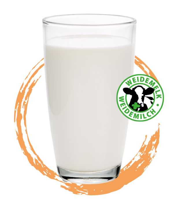 Een glas melk met het icoon Weidemelk