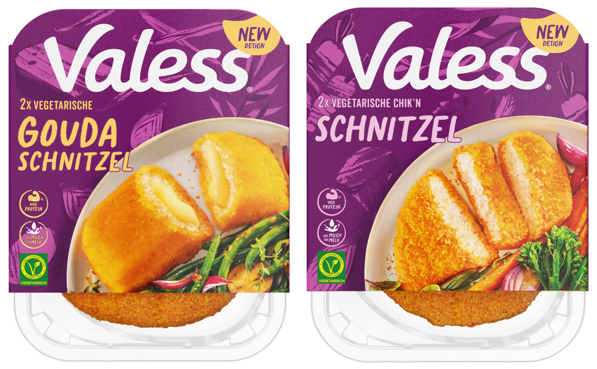 Productverpakkingen van Valess Vegetarische Gouda Schnitzel en Valess Vegetarische Schnitzel