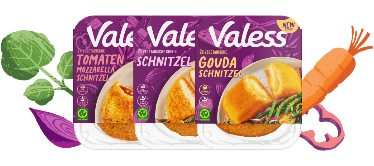 Productverpakkingen van Valess Vegetarische Tomaten Mozzarella Schnitzel, Valess Vegetarische Schnitzel, en Valess Vegetarische Gouda Schnitzel met Valess drijvende groenten