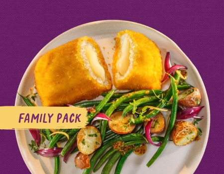 Gouda Schnitzel Family Pack met ovengebakken krieltjes en lauwwarme salade van sperzieboontjes